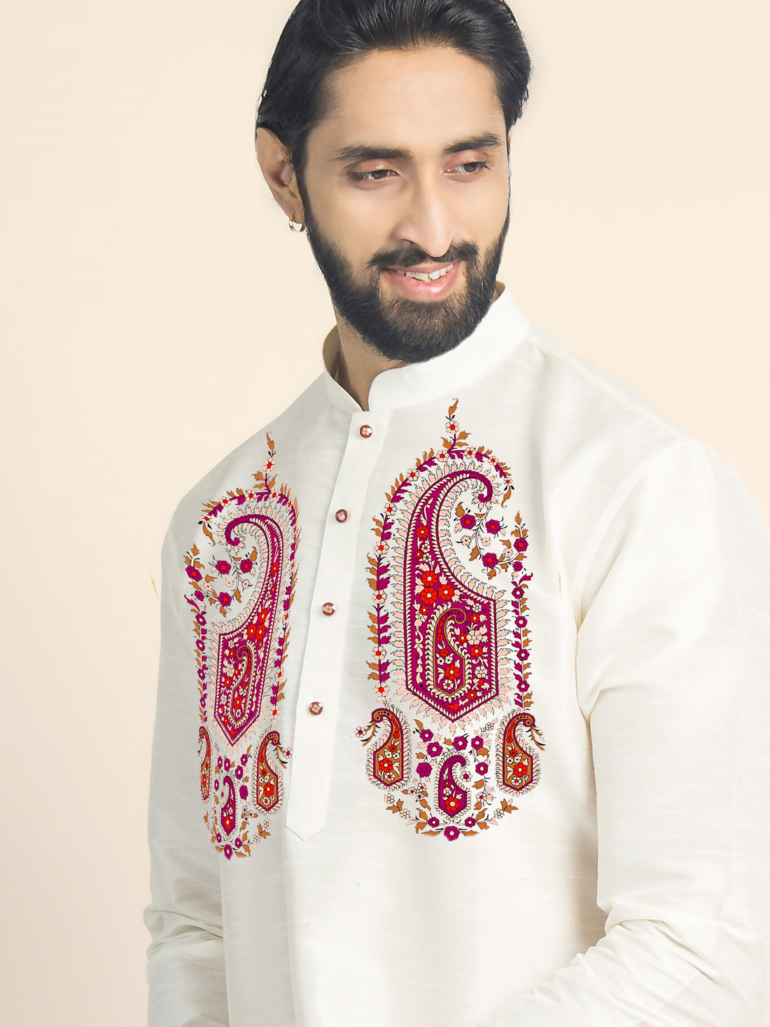 Mens Off White Printed Short Kurta