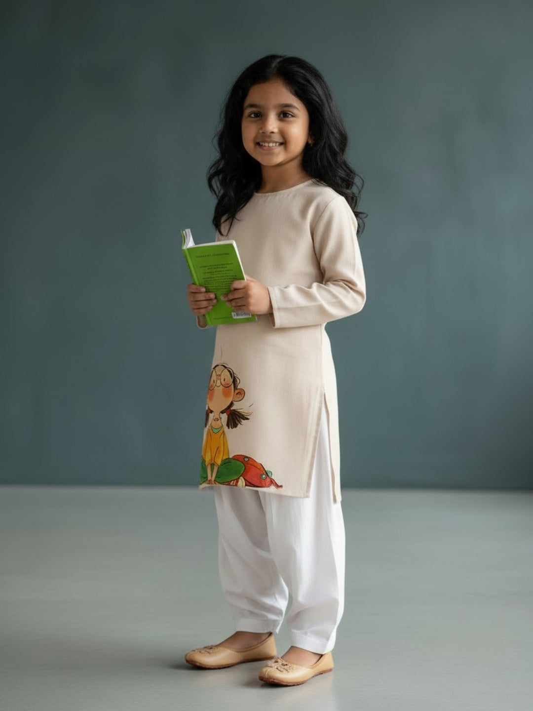 [DGKS-MGSP-RN] Girls Beige Ethnic Motifs Printed Cotton Kurti Set