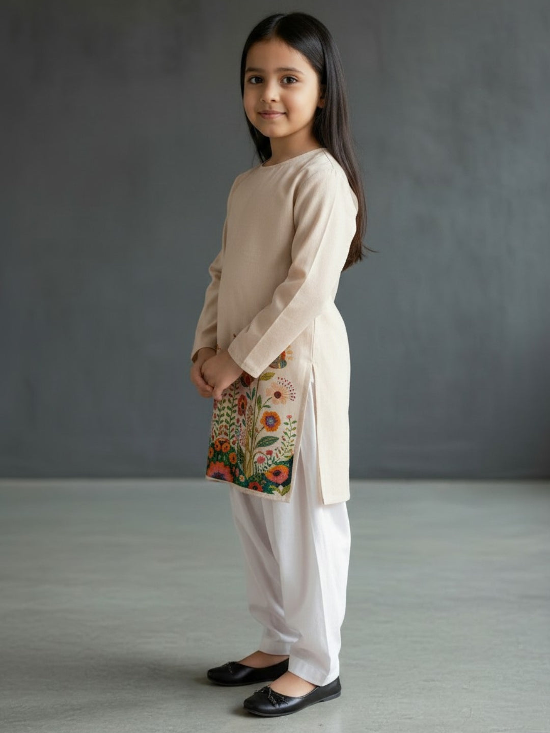 [DGKS-MGSP-RN] Girls Beige Ethnic Motifs Printed Cotton Kurti Set