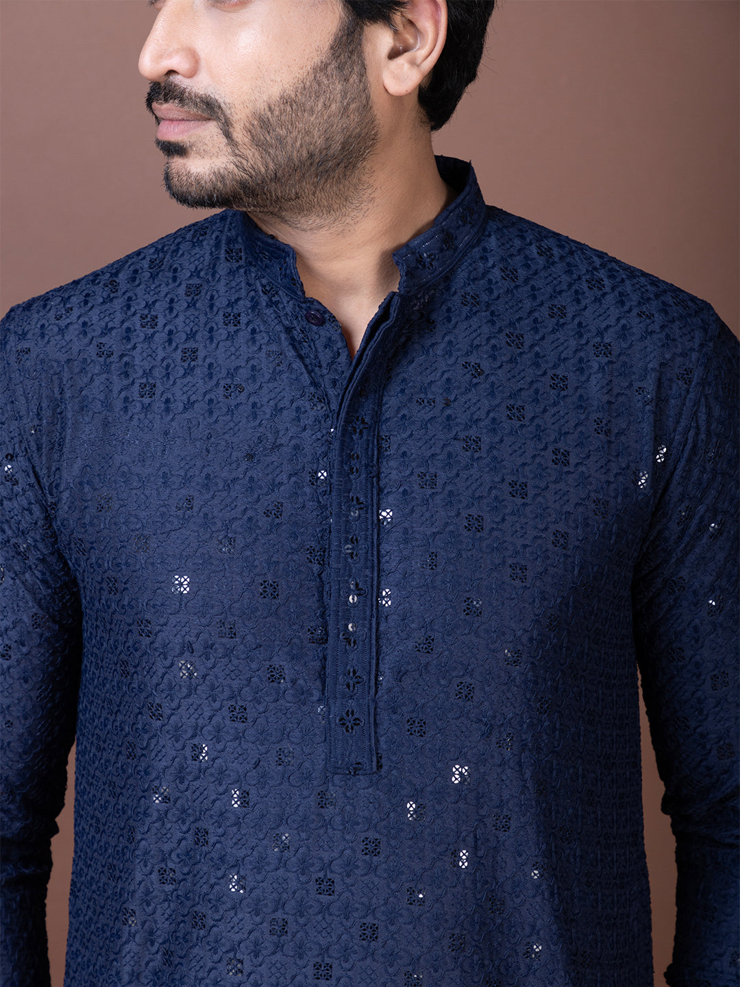 Mens Navy Blue Chikankari Kurta with Pyjama