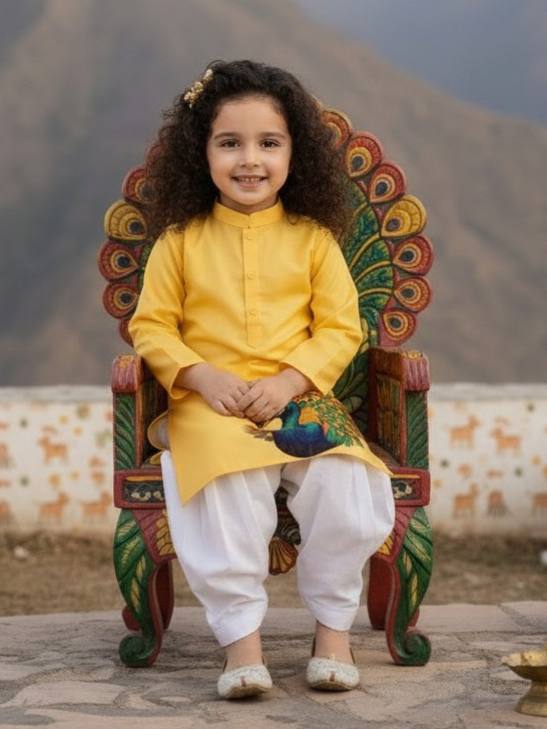 [DGKS-MGSP] Girls Yellow Ethnic Motifs Printed Cotton Kurti Set