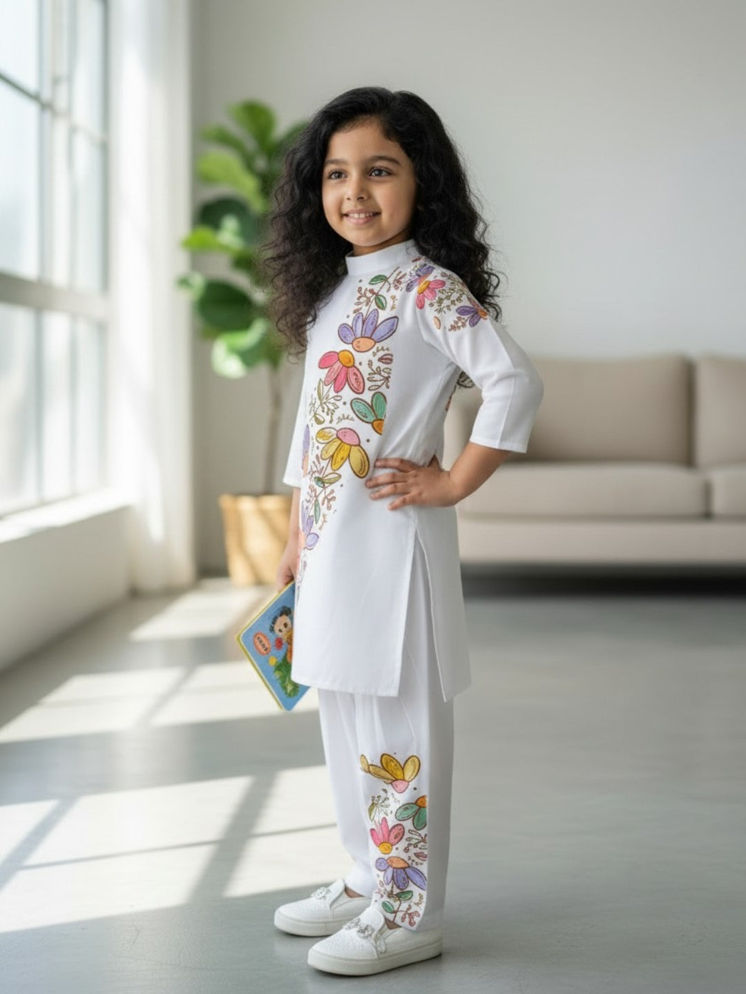 [DGKS-MGSP-B] Girls White Ethnic Motifs Printed Cotton Kurti Set