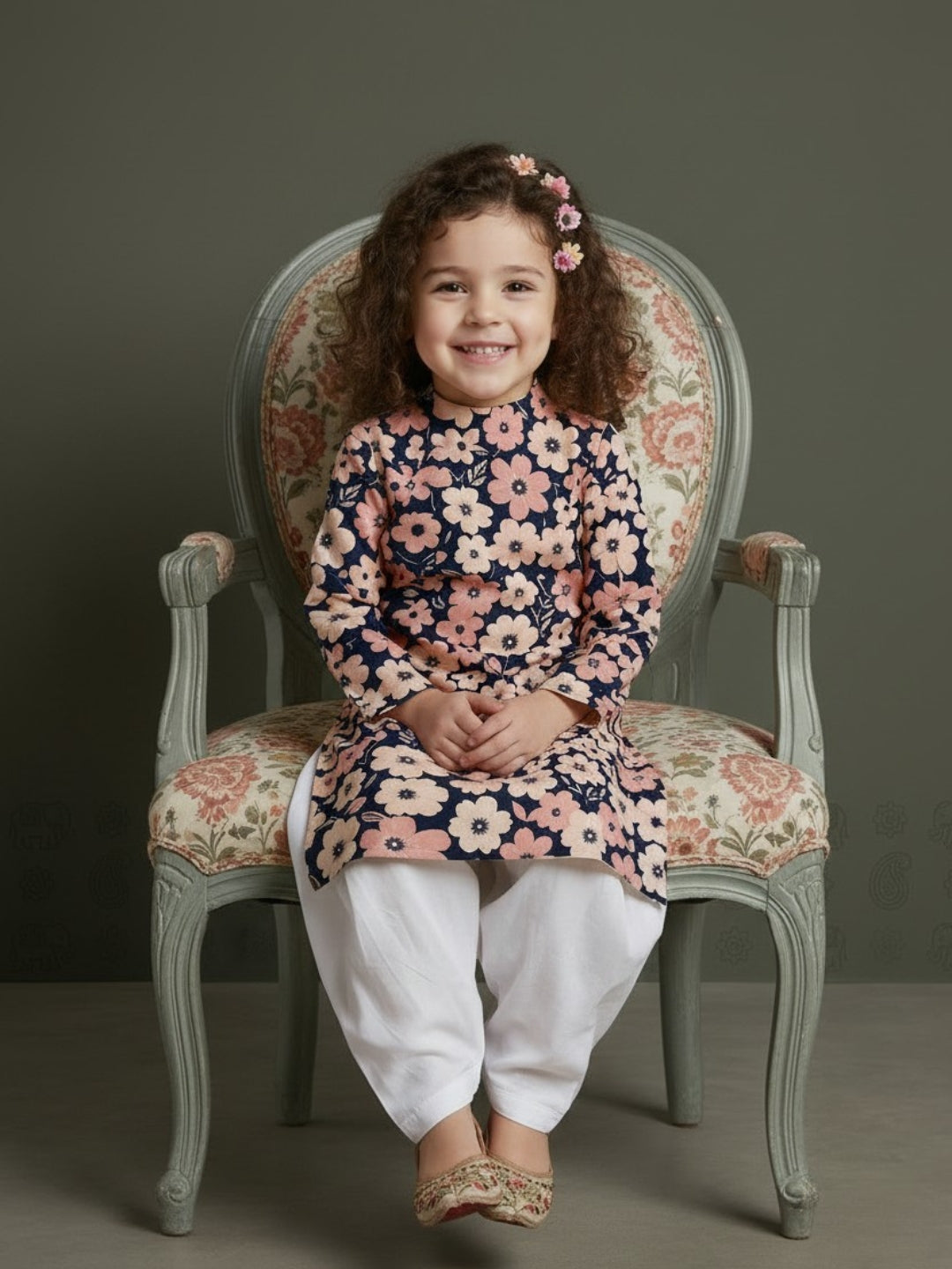 [DGKS-MGSP] Girls Multi Color Ethnic Motifs Printed Cotton Kurti Set