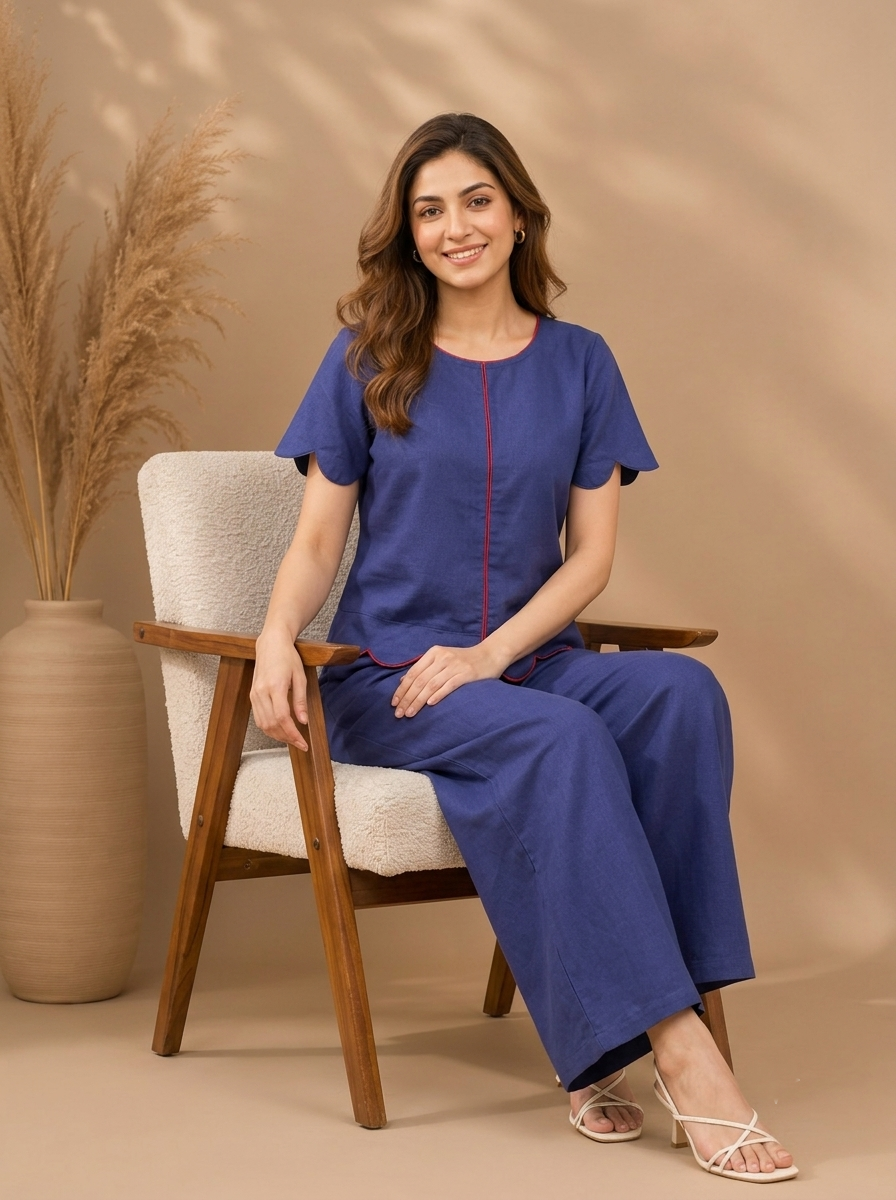 Women's Blue Cotton Linen Co-ord Set – Scallop Piping