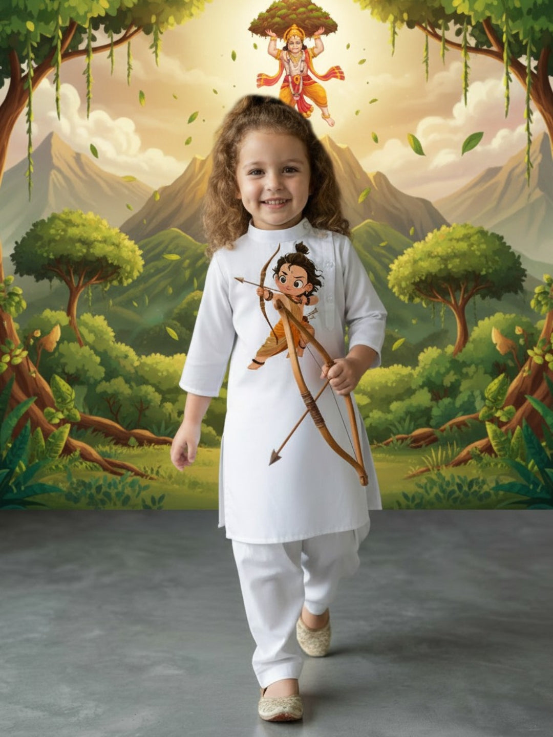 [DGKS-MGSP-B] Girls White Ethnic Motifs Printed Cotton Kurti Set