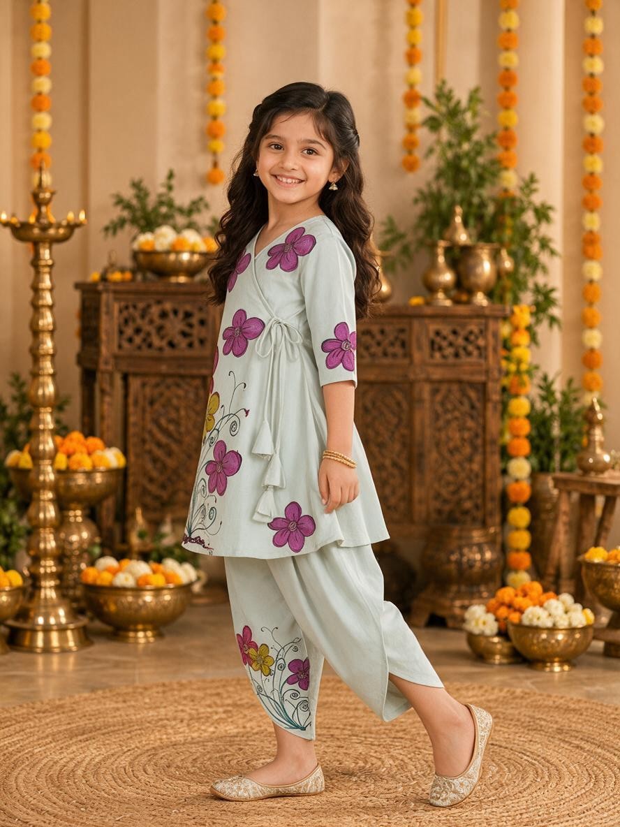 Girls' Sky Blue Cotton Kurti with Tulip pant Set – Printed