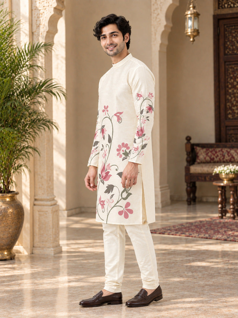 Men's Off-White Art Silk Kurta Pyjama Set – Ethnic Print & Side Placket