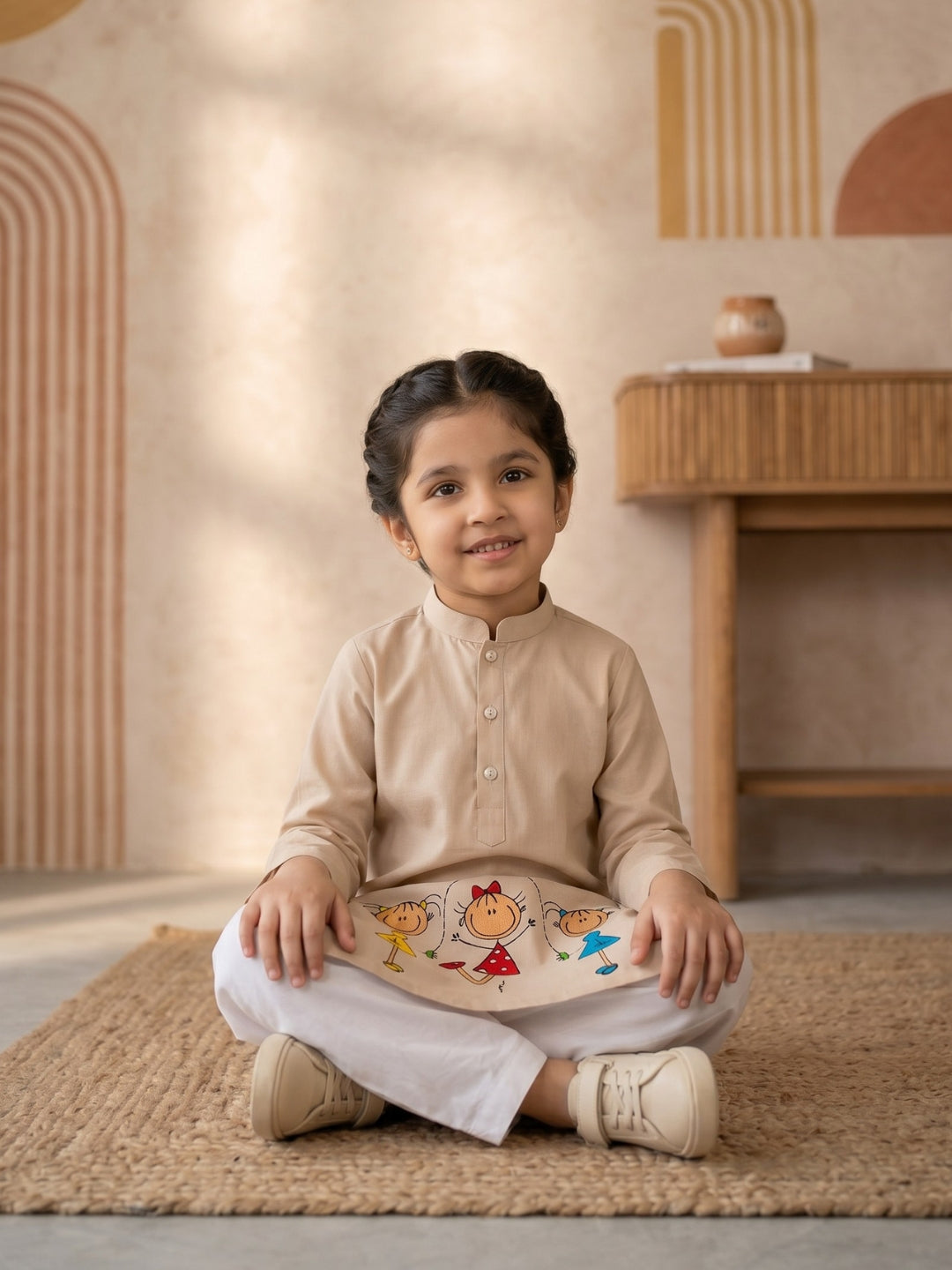 [DGKS-MGSP] Girls Beige Ethnic motifs Printed Cotton Kurti Set