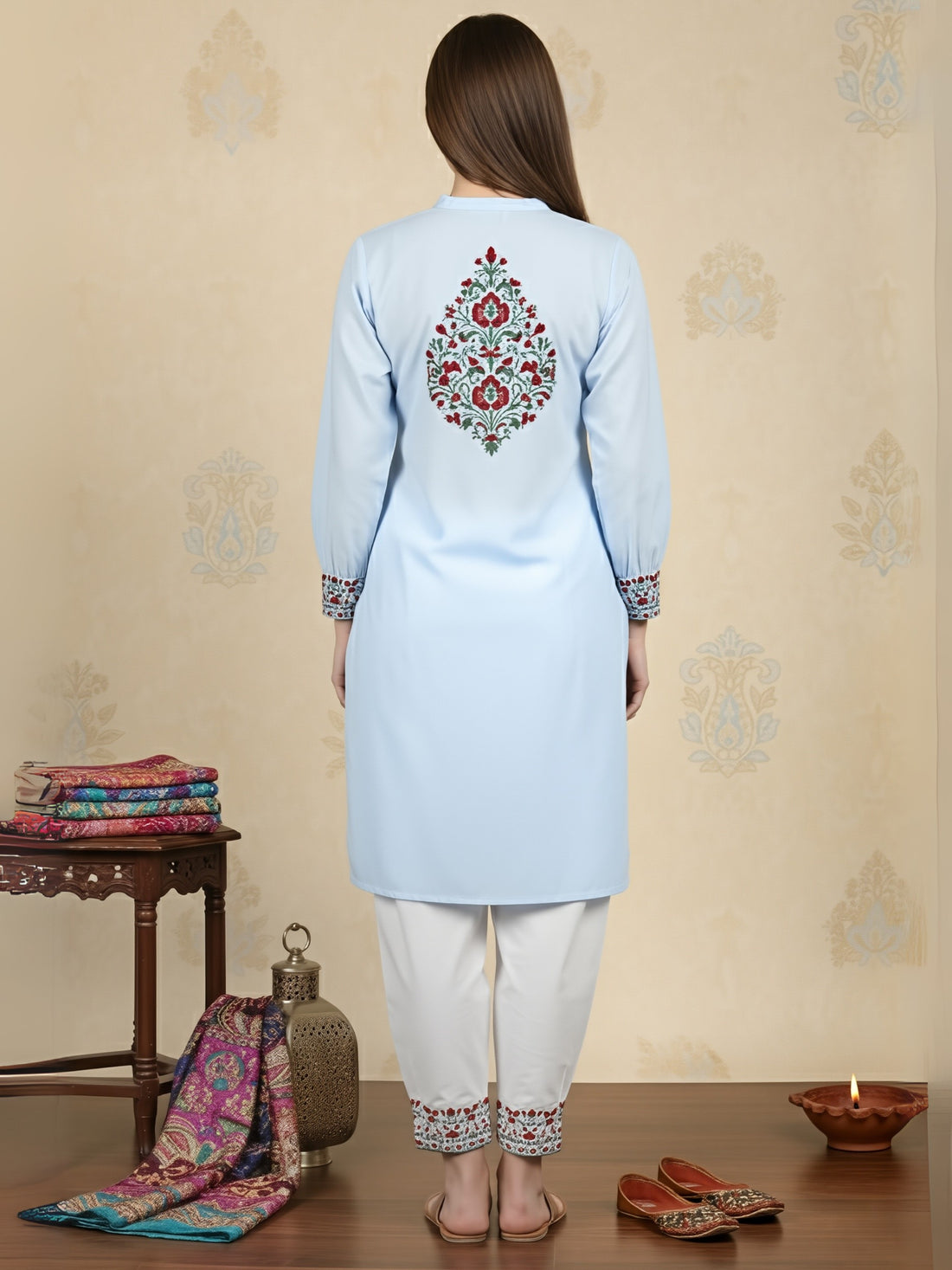 [DWKS-MGSP] Women Sky Blue Ethnic Motifs Printed Cotton Kurti Set