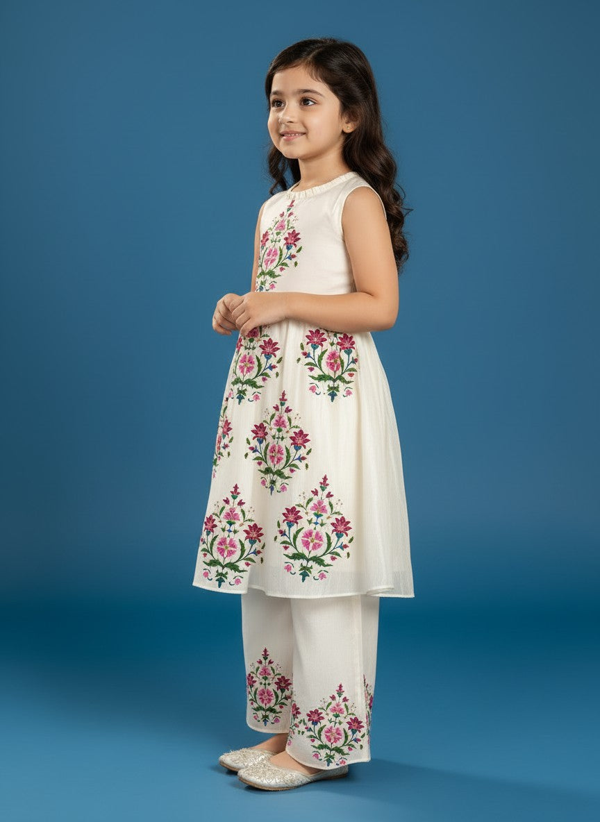 Girls' Off-White Art Silk Kurti Palazzo Set – Printed