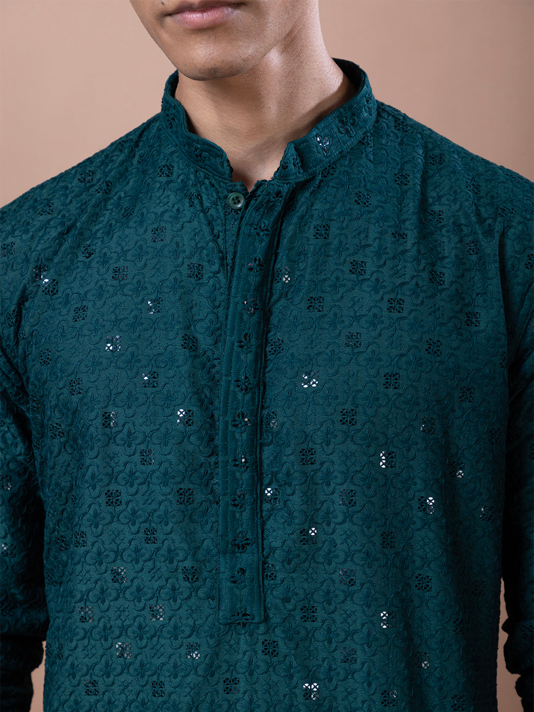 Mens Green Chikankari Kurta with Pyjama
