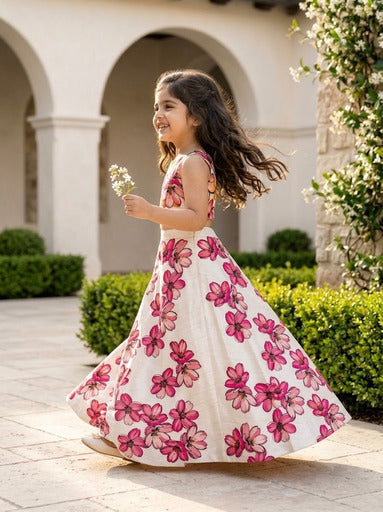 Girls' Off-White Art Silk Lehenga Set – Printed