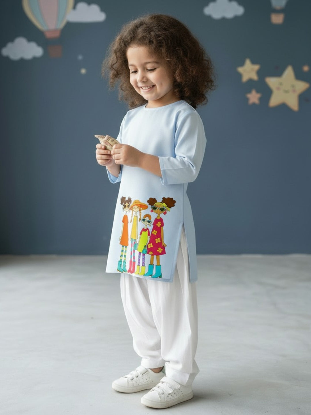 [DGKS-MGSP-RN] Girls Sky Blue Ethnic Motifs Printed Cotton Kurti Set