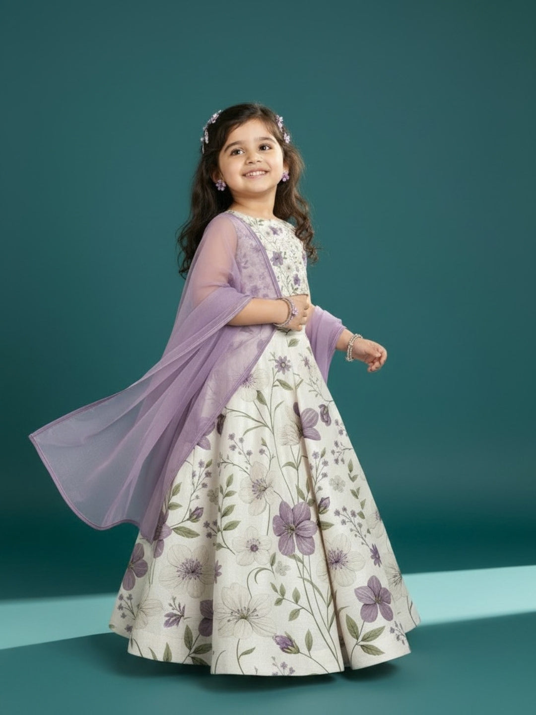 Girls' Off-White Art Silk Lehenga Set – Printed