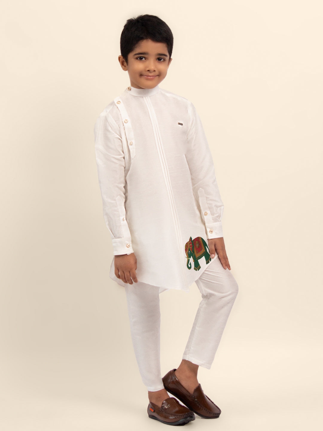 Boys White Printed Kurta With Pyjama Set