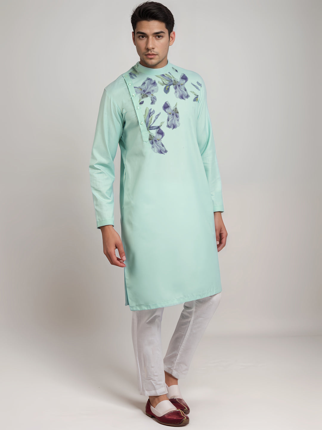 [MGSP-B] Men's Green Ethnic Print Side Placket Cotton Kurta Set