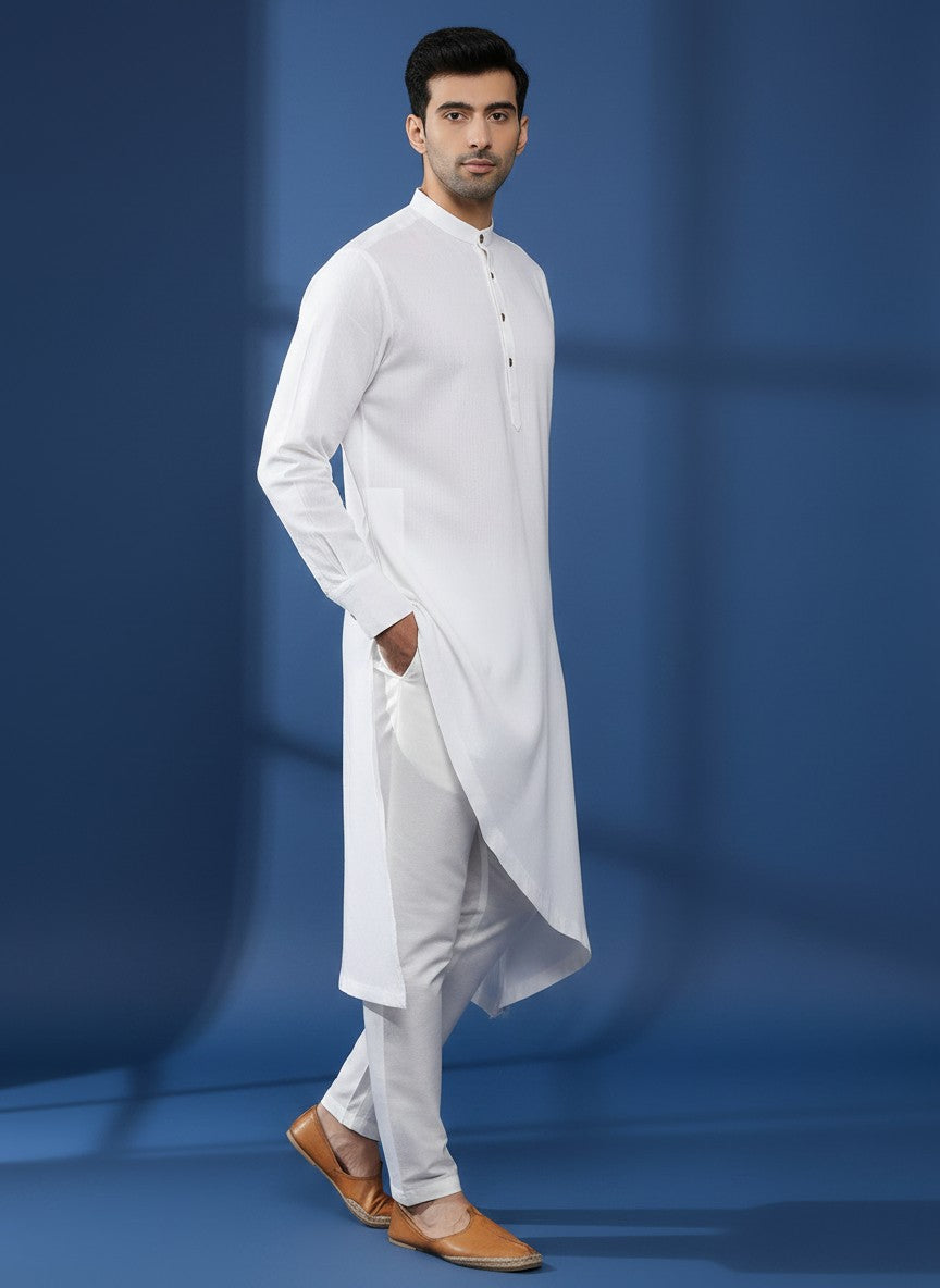Men's White Cotton Linen Kurta Set – Solid & Side Placket