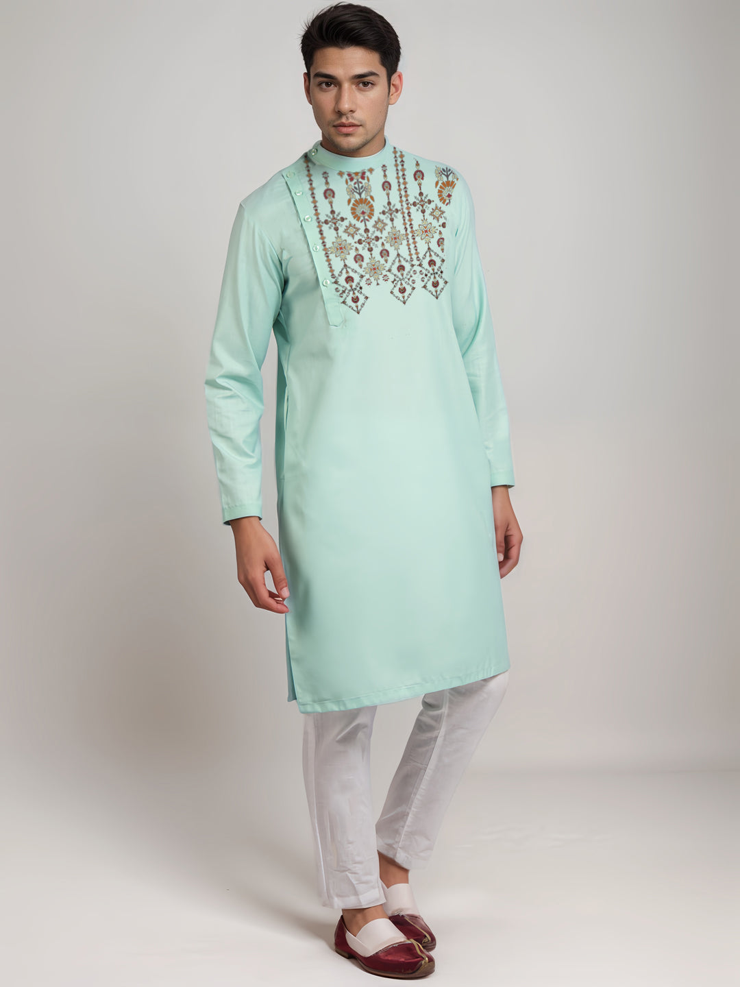 [MGSP-B] Men's Green Ethnic Print Side Placket Cotton Kurta Set