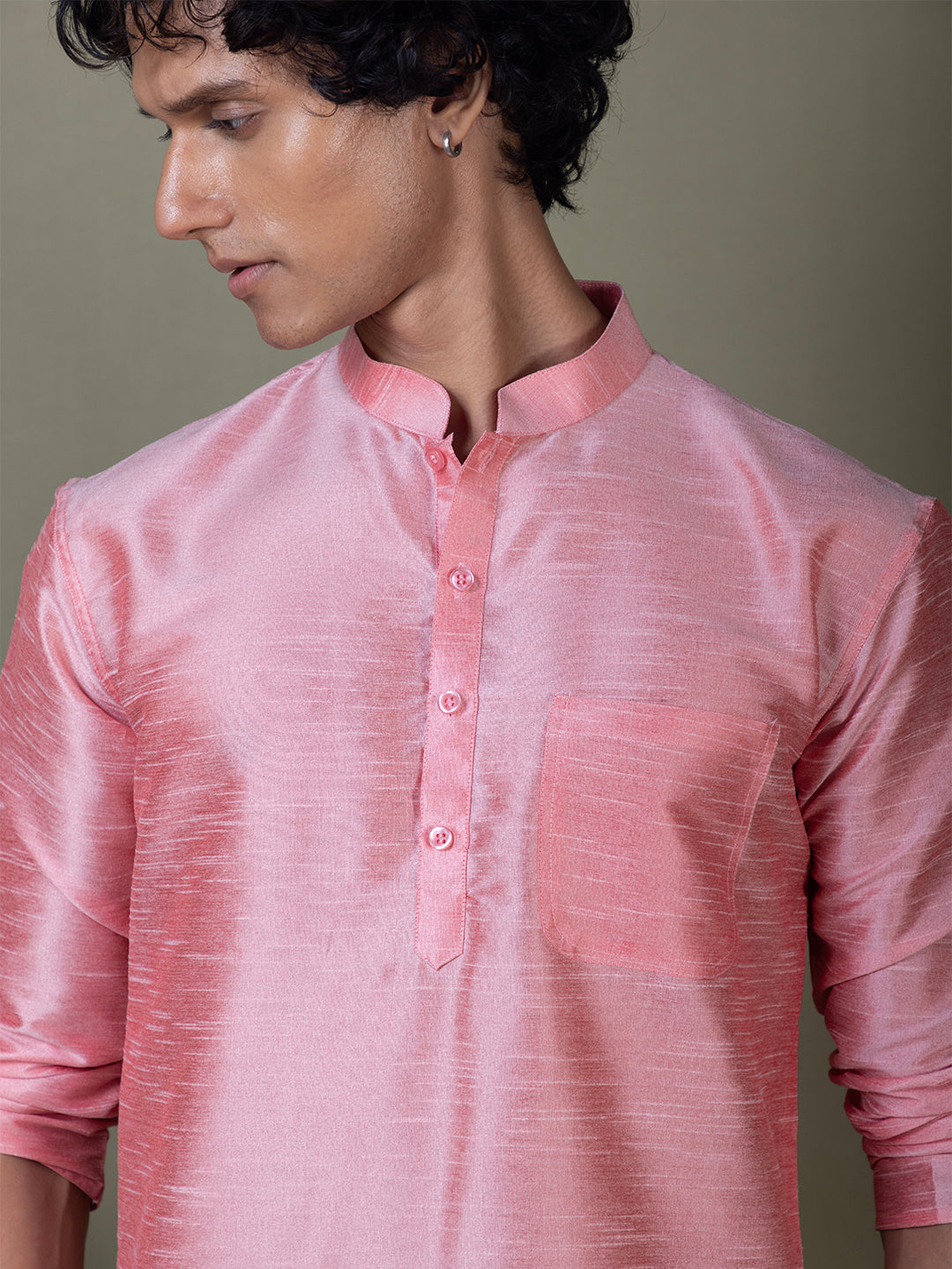 [DPS] Men's Pink Solid Art Silk Short Kurta