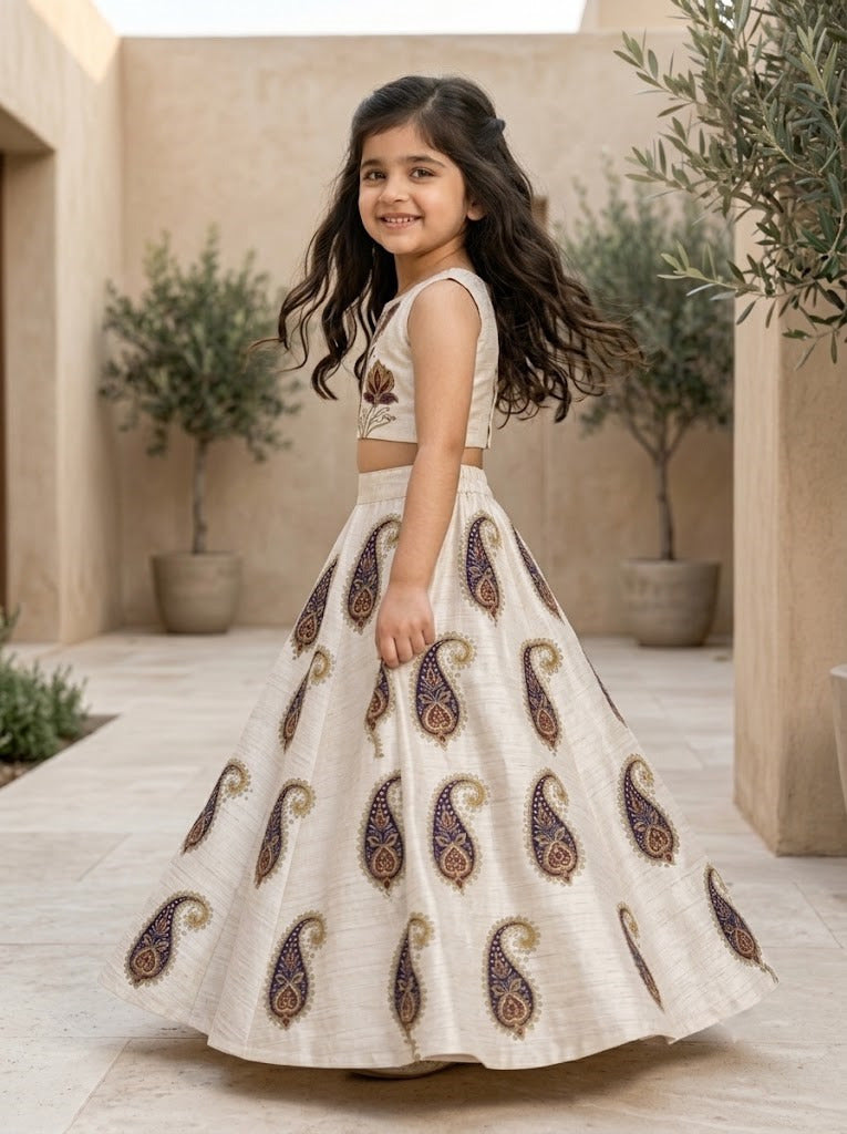 Girls' Off-White Art Silk Lehenga Set – Printed
