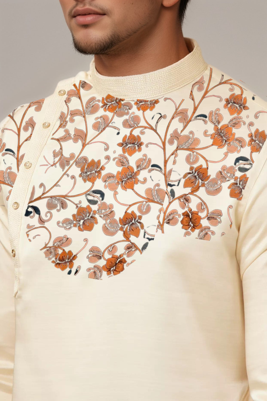 Floral Printed Mandarin Collar Straight Kurta With Pyjama Set