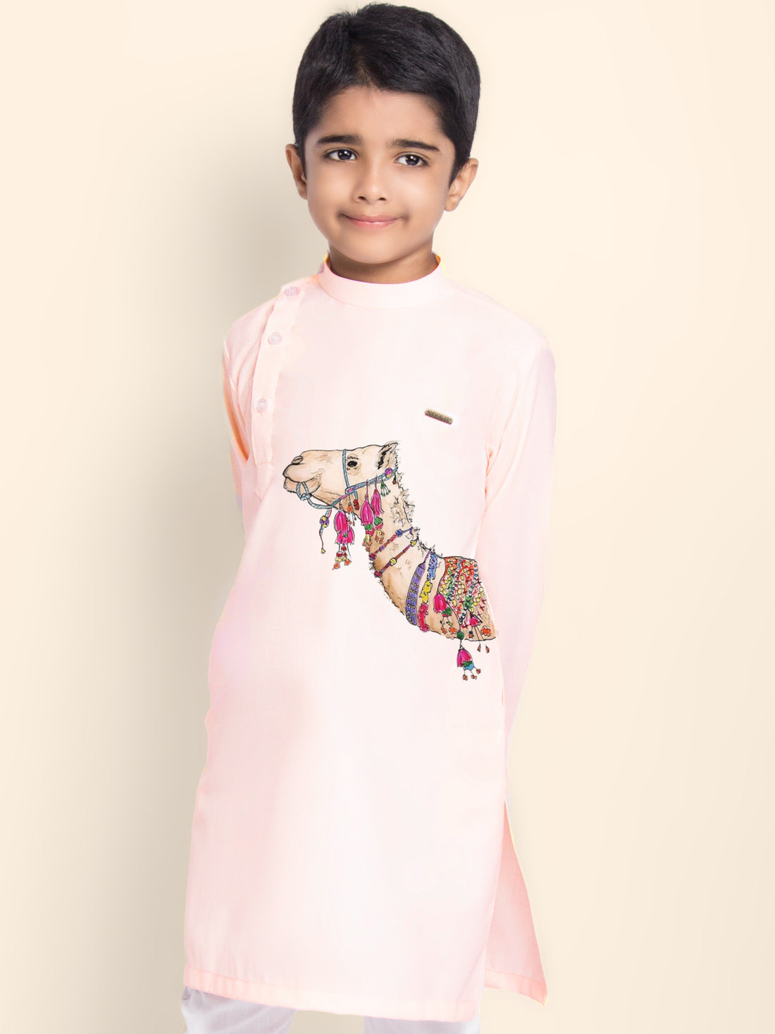 Boys Pink Printed Kurta With Pyjama