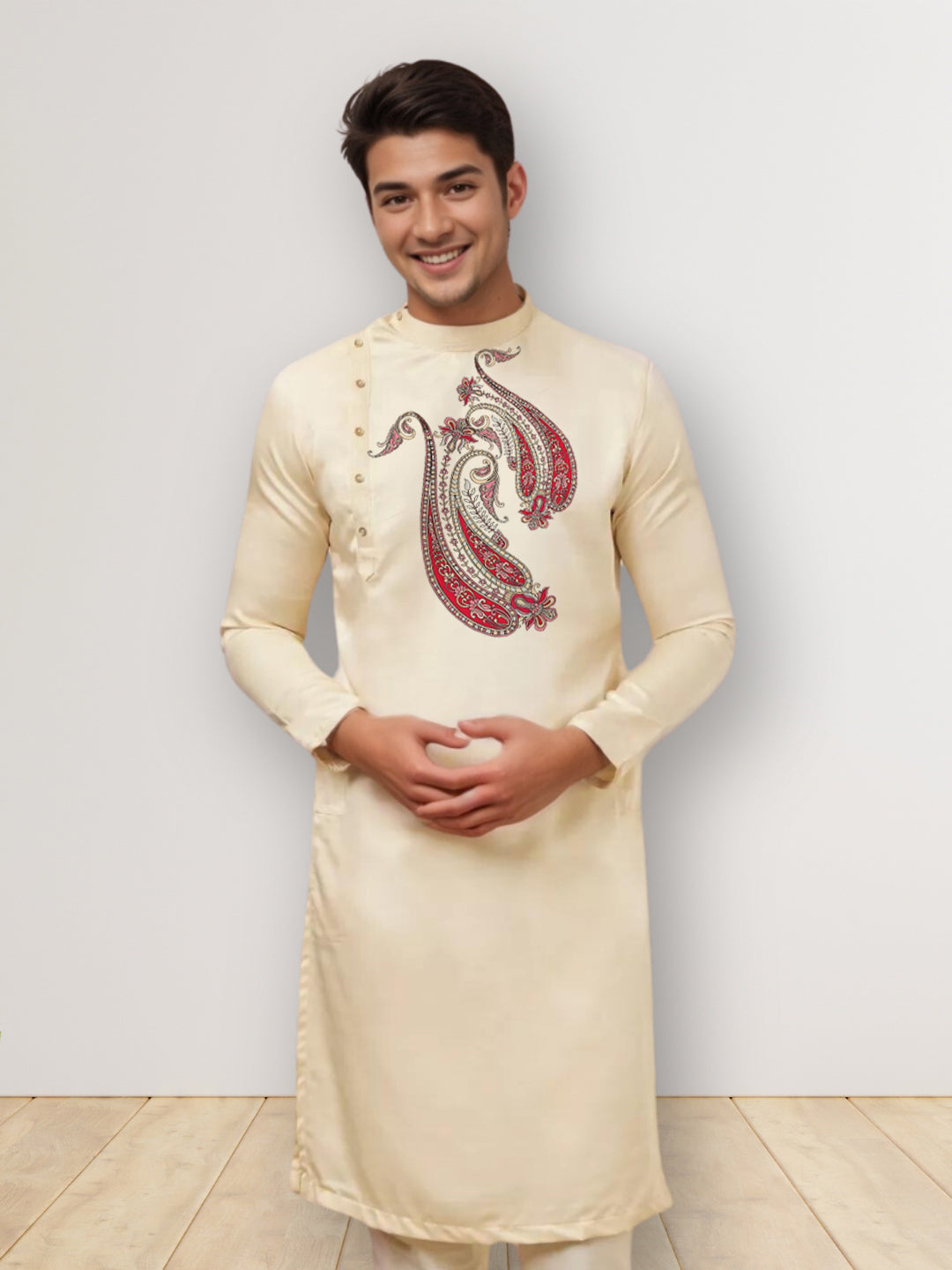 Mens Beige Side Placket Printed Kurta With Pyjama Set