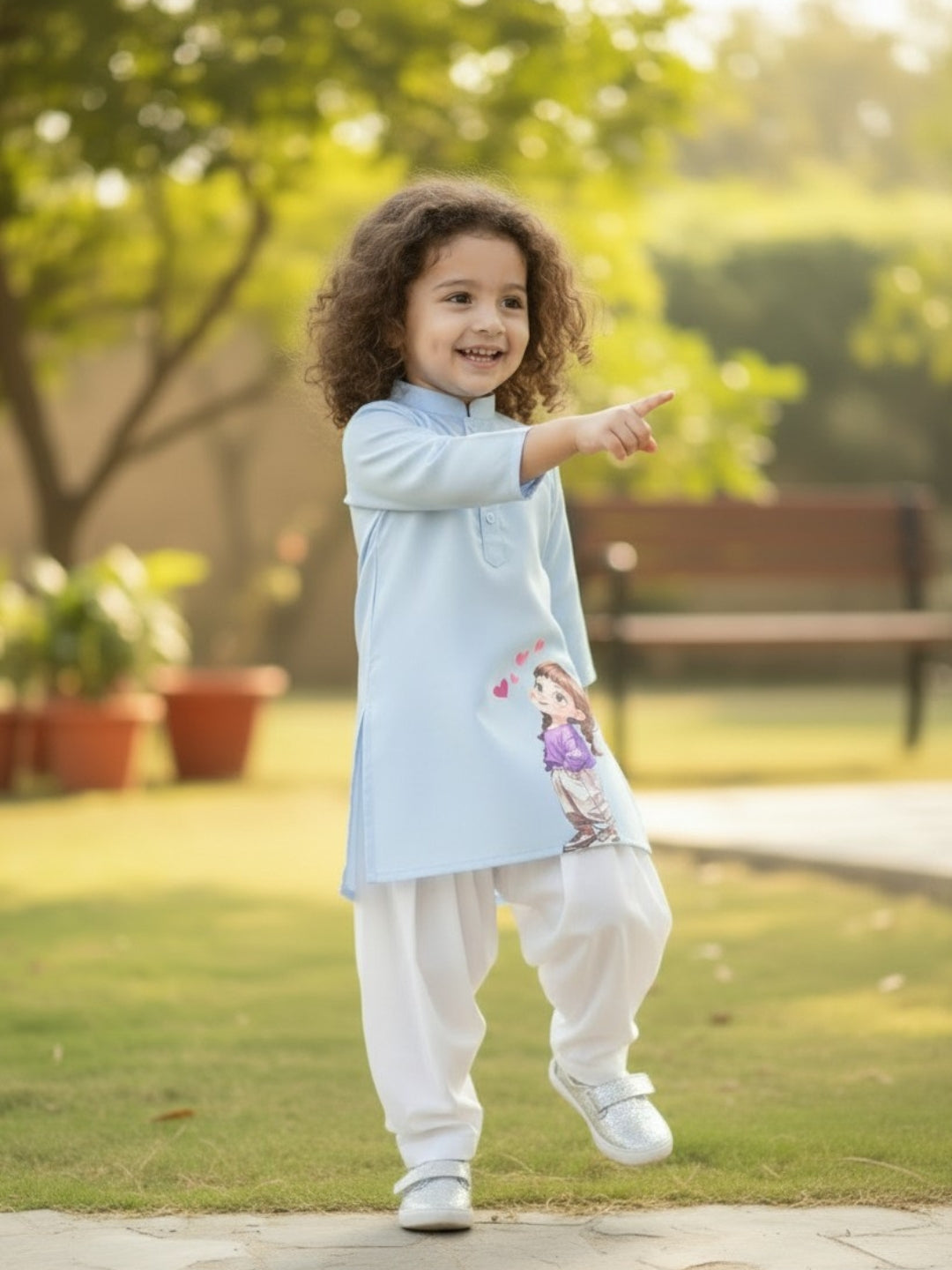 Girls' Sky Blue Cotton Kurti Set – Ethnic Print