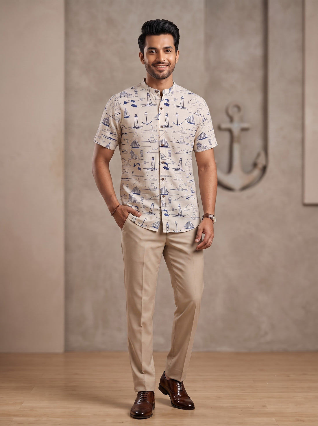 Men's Beige Cotton Shirt – Ethnic Print