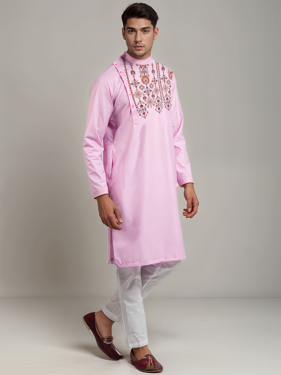 Mens Pink Printed Kurta With Pyjama Set