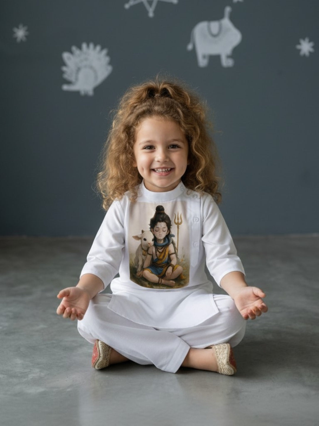 [DGKS-MGSP-B] Girls White Ethnic Motifs Printed Cotton Kurti Set