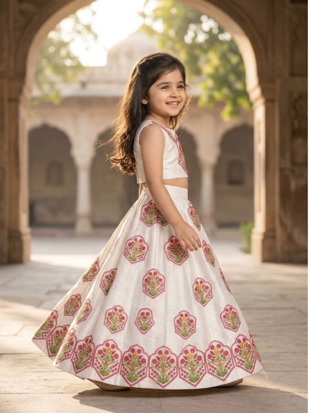 Girls' Off-White Art Silk Lehenga Set – Printed