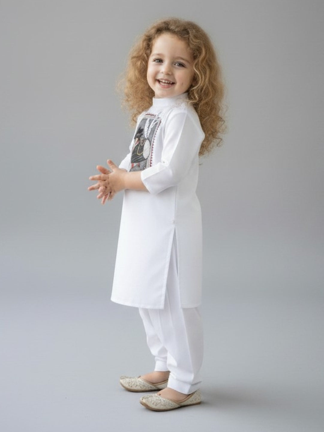 [DGKS-MGSP-B] Girls White Ethnic motifs Printed Cotton Kurti Set