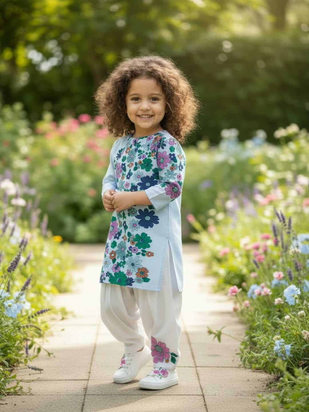 [DGKS-MGSP-RN] Girls Sky Blue Ethnic Motifs Printed Cotton Kurti Set