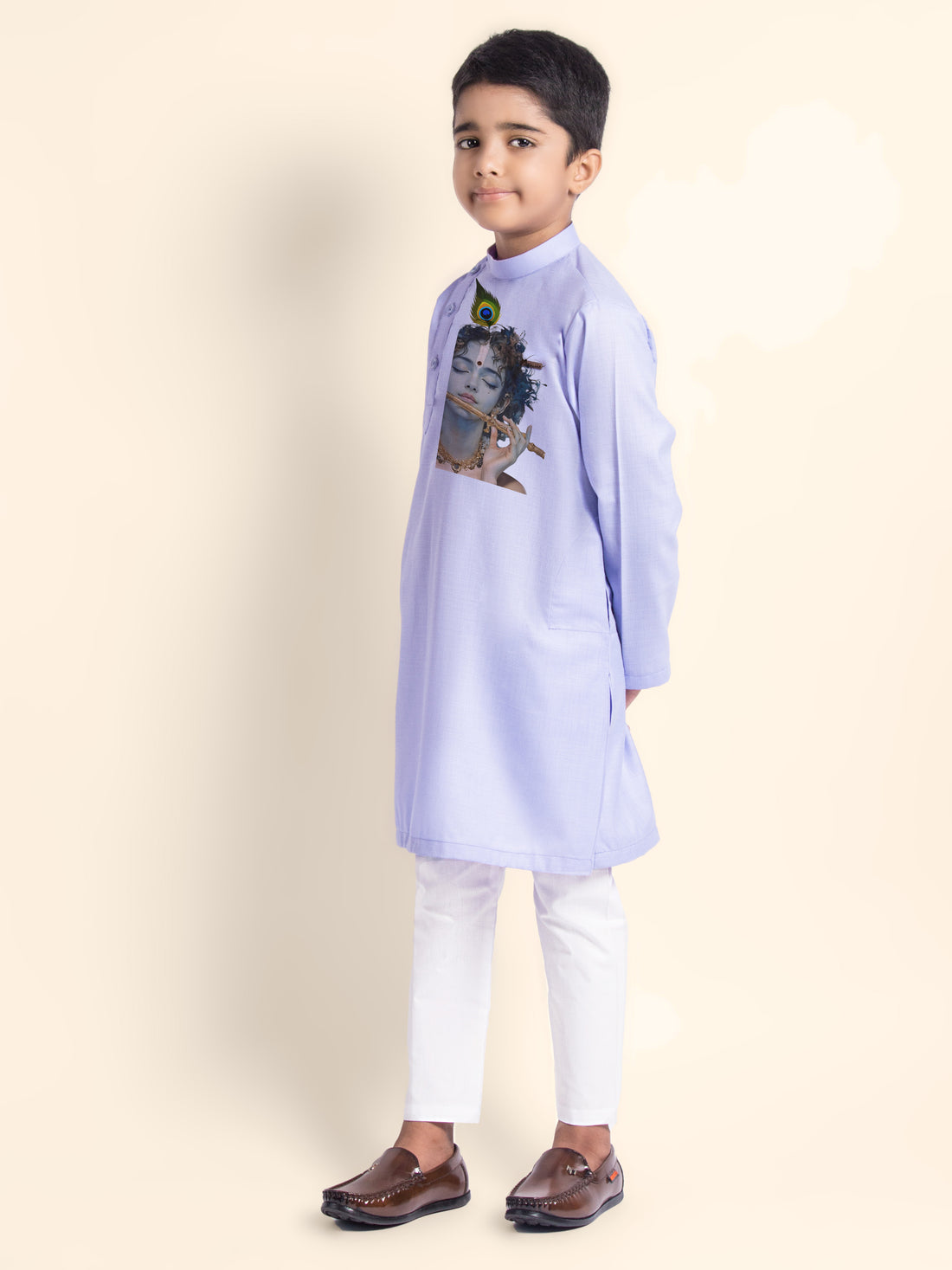 Boys Lavender Cotton Kurta Pyjama with Lord Krishna Print