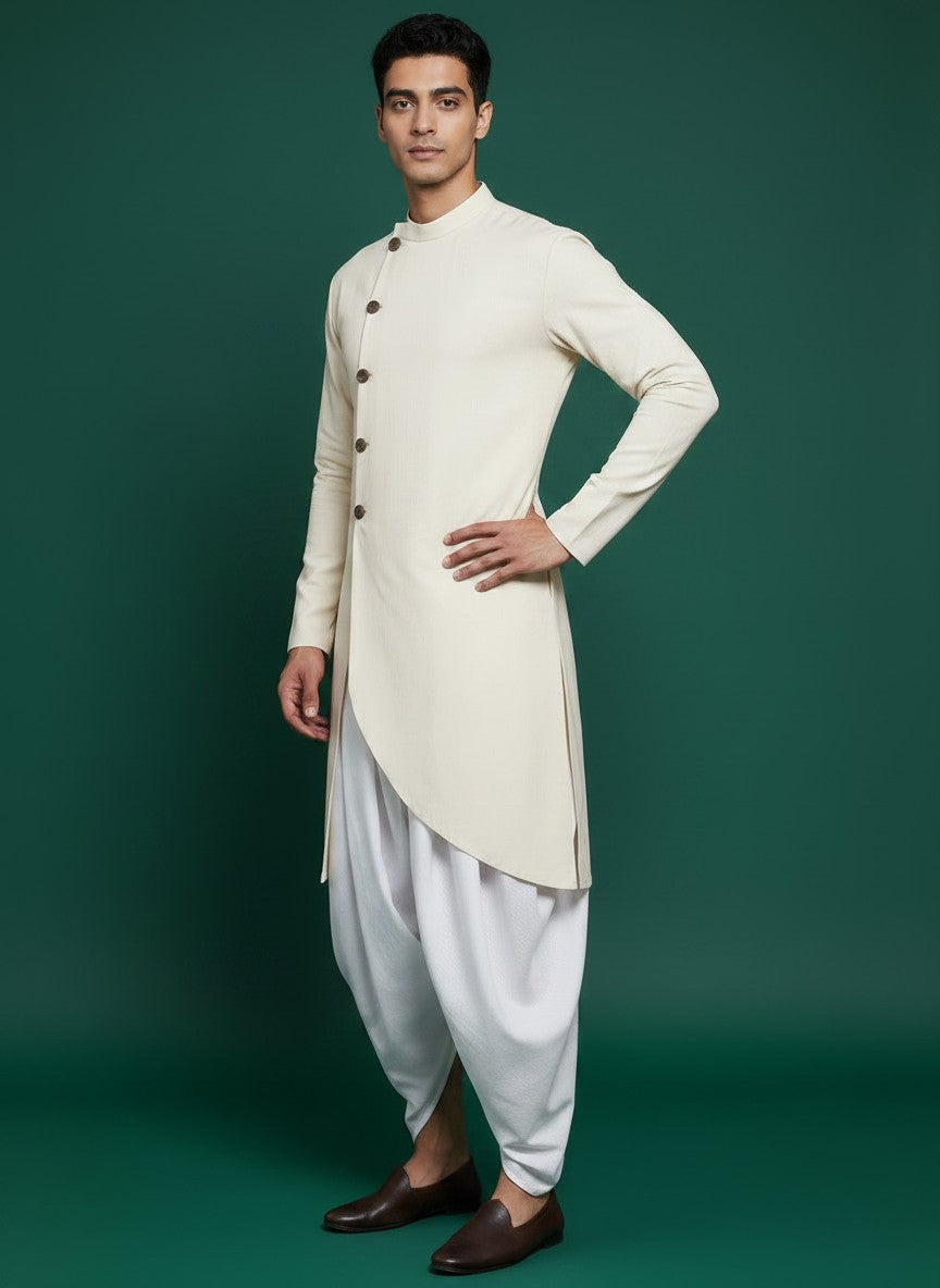 Men's Beige Cotton Linen Kurta Set – Solid & Side Placket