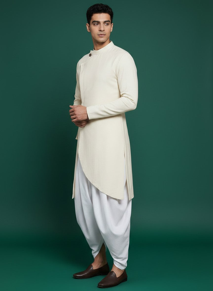 Men's Beige Cotton Linen Kurta Set – Solid & Side Placket