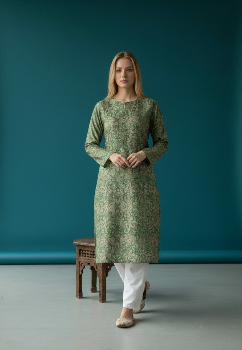[DF-DPSP] Women Green Printed Art Silk Kurti Set