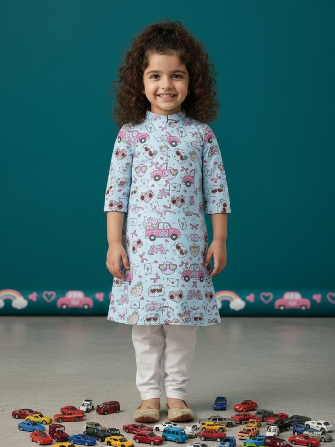 [DGKS-MGSP] Girls Sky Blue Ethnic Motifs Printed Cotton Kurti Set