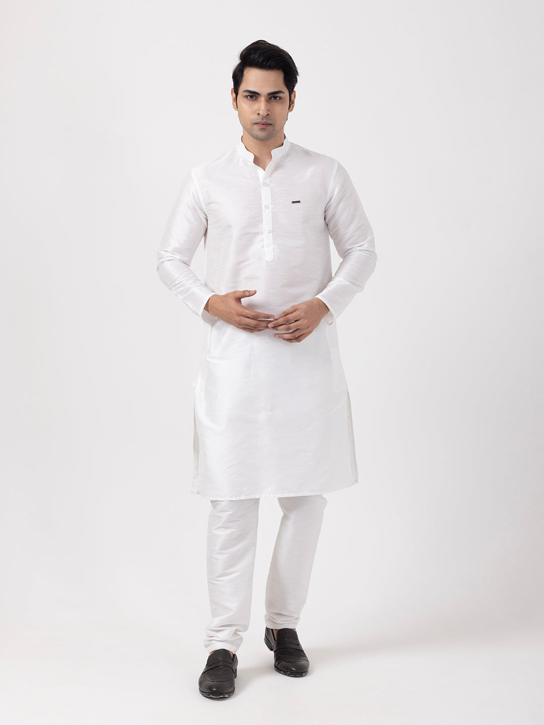 Woven Design Band Collar Dupion Silk Straight Kurta With Pyjama Set