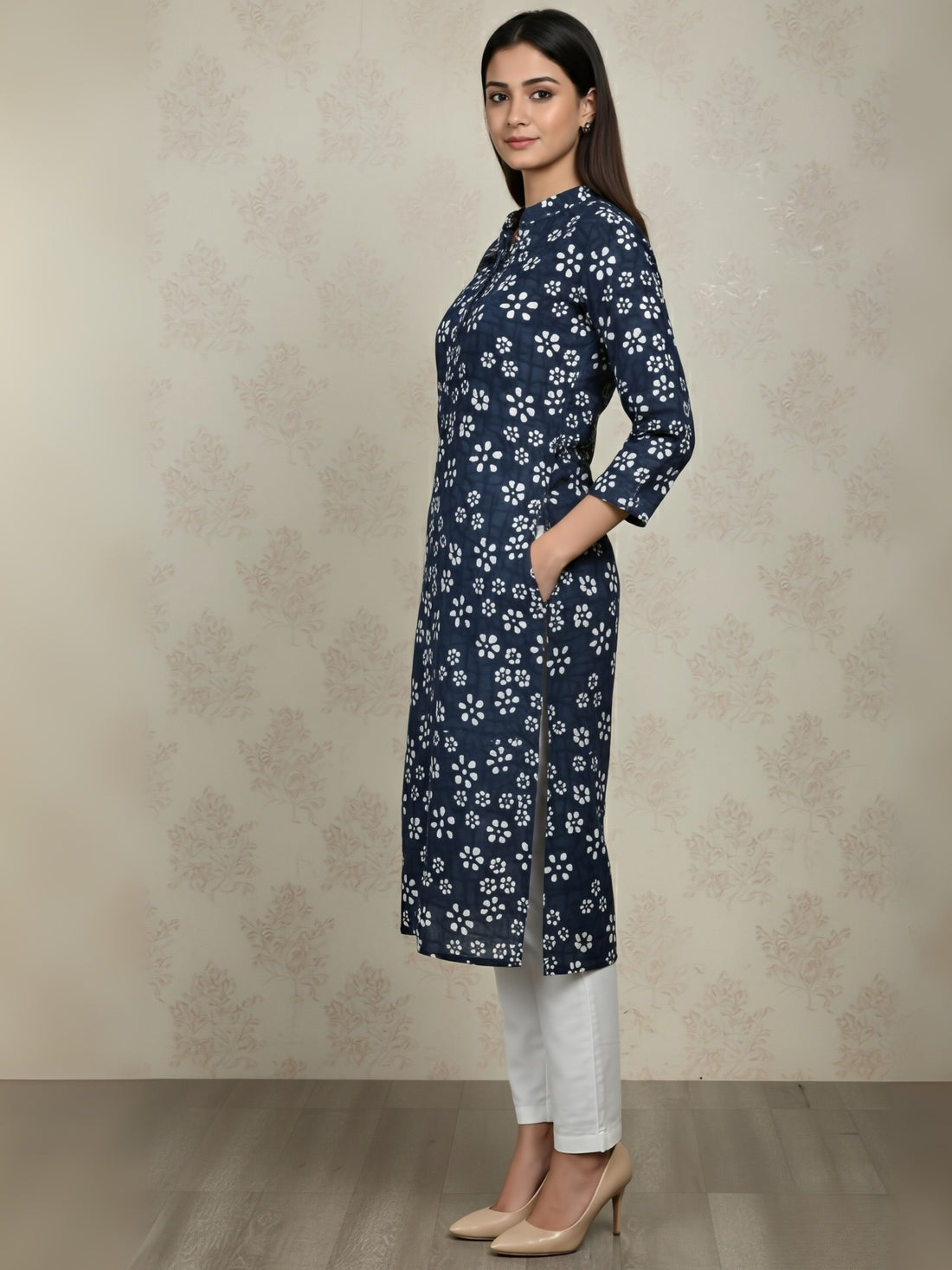 [DWKS-BT] Women Blue Printed Cotton Kurti Set