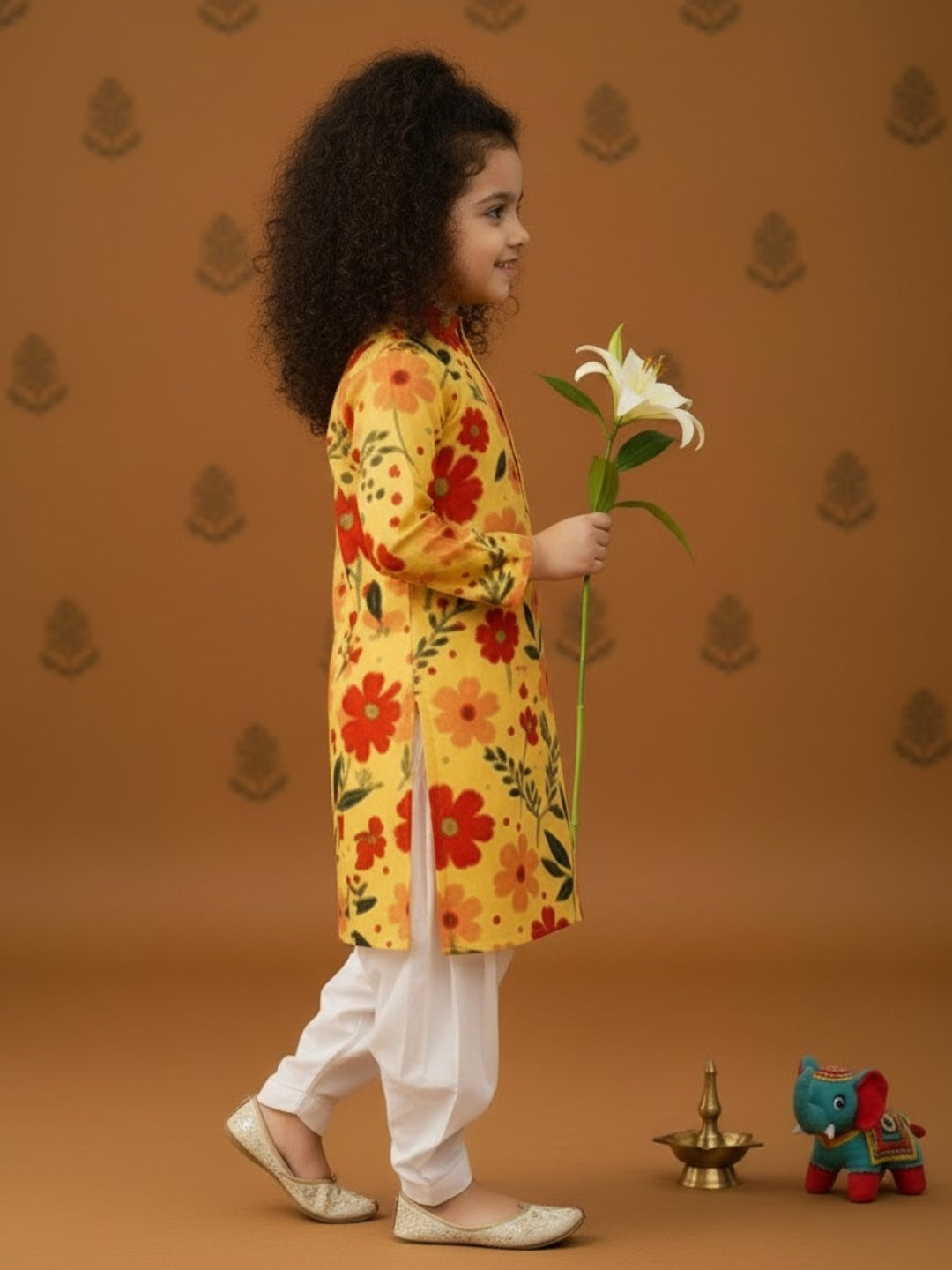 [DGKS-MGSP] Girls Yellow Ethnic Motifs Printed Cotton Kurti Set
