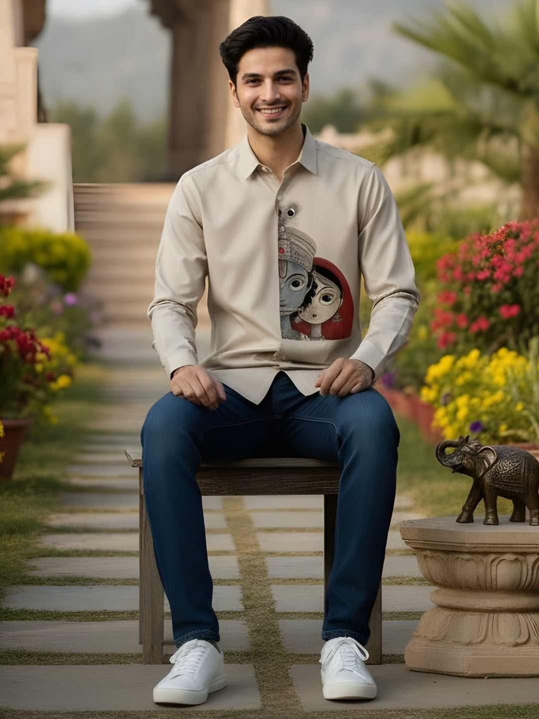 [DS-MGSP] Men's Beige Ethnic Printed Cotton Shirt