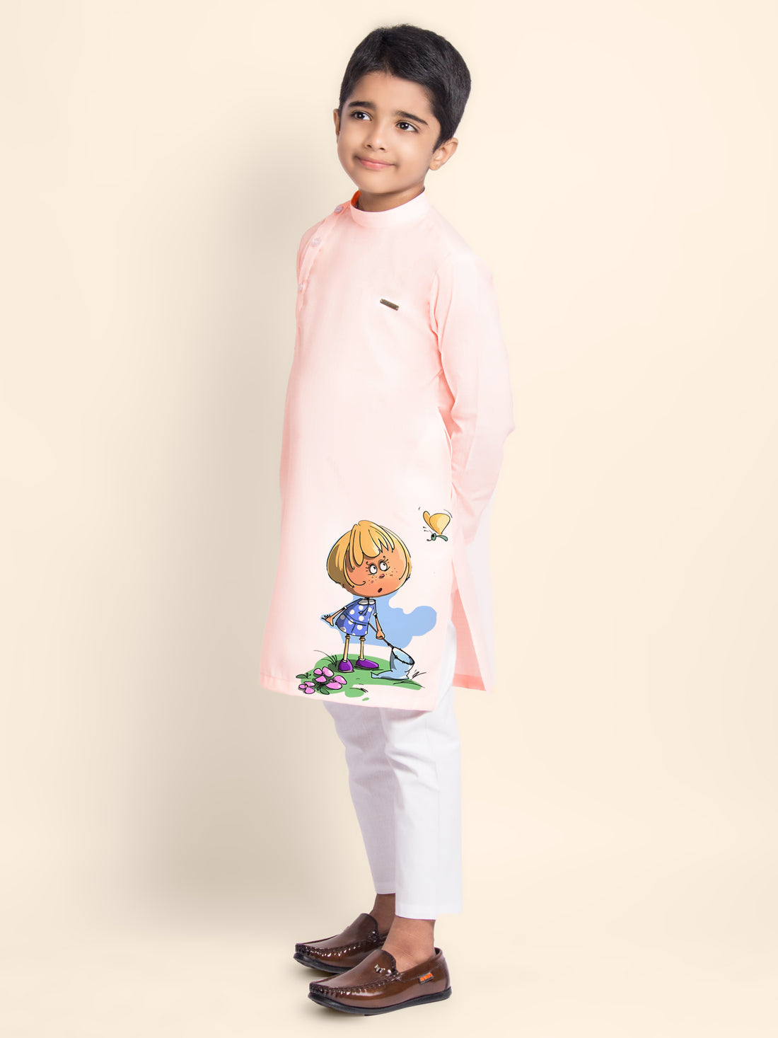 Boys Pink Cotton Kurta Pyjama with Print
