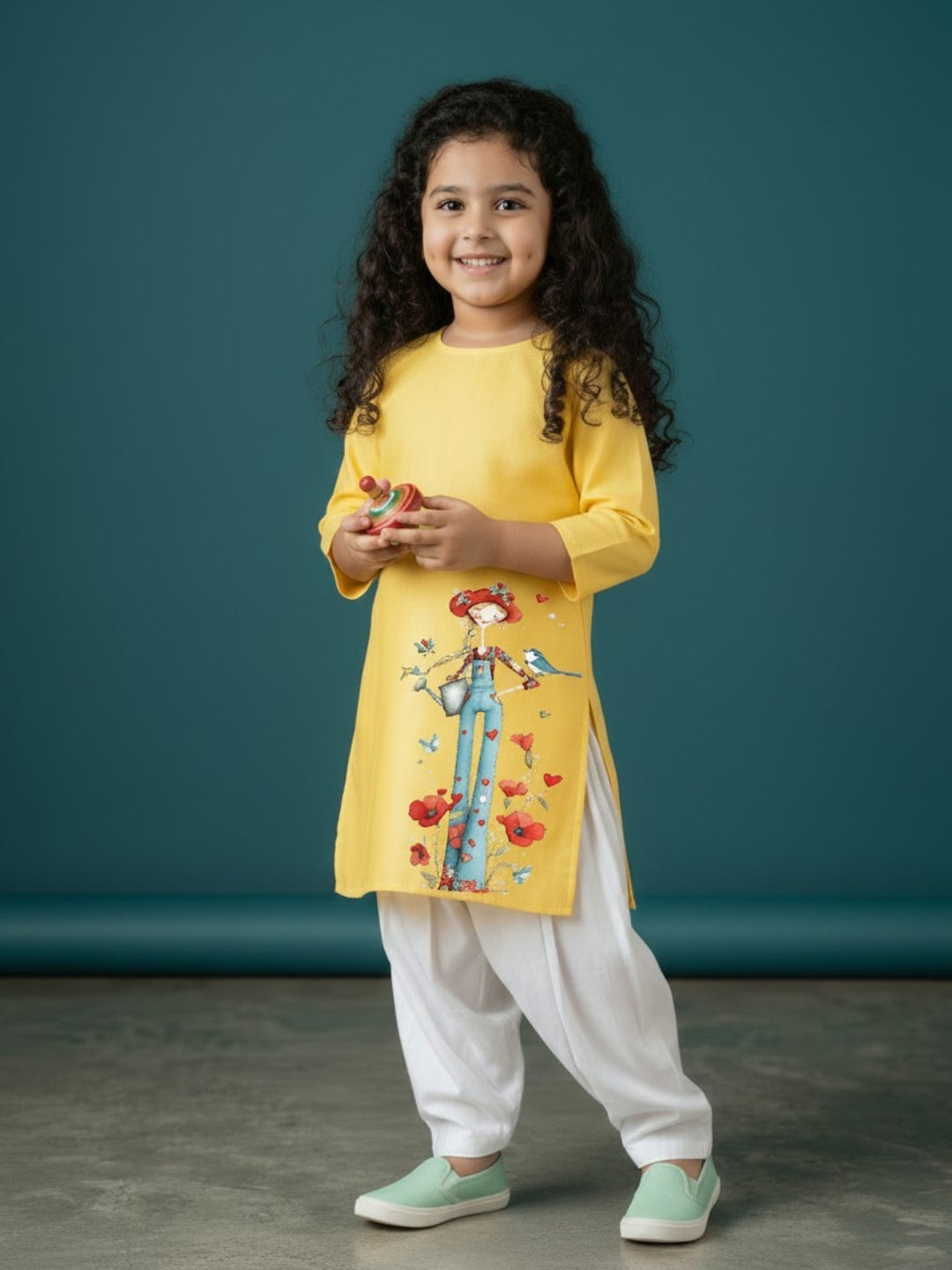 [DGKS-MGSP-RN] Girls Yellow Ethnic Motifs Printed Cotton Kurti Set