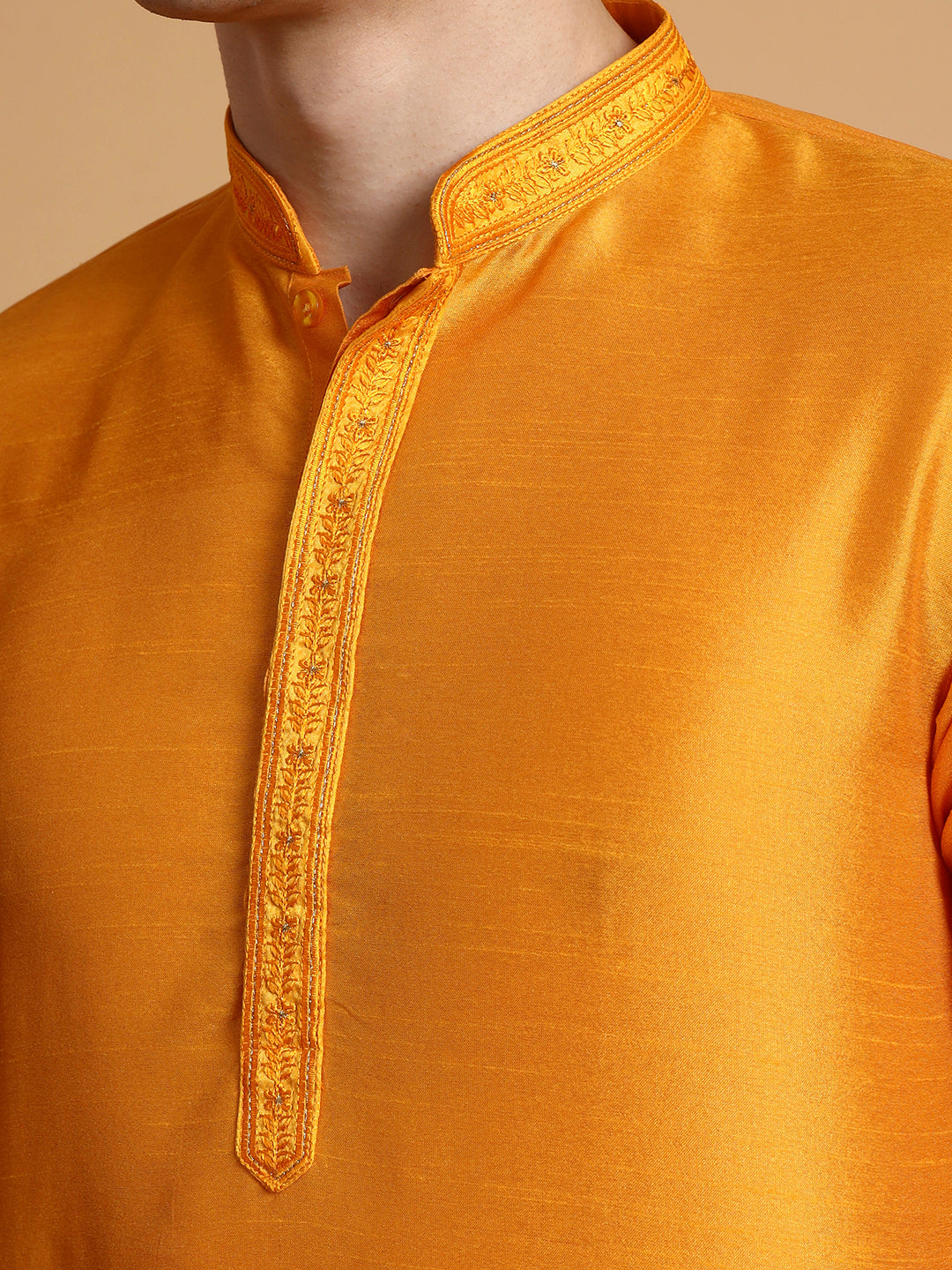 Woven Design Mandarin Collar Thread Work Straight Kurta With Pyjama Set