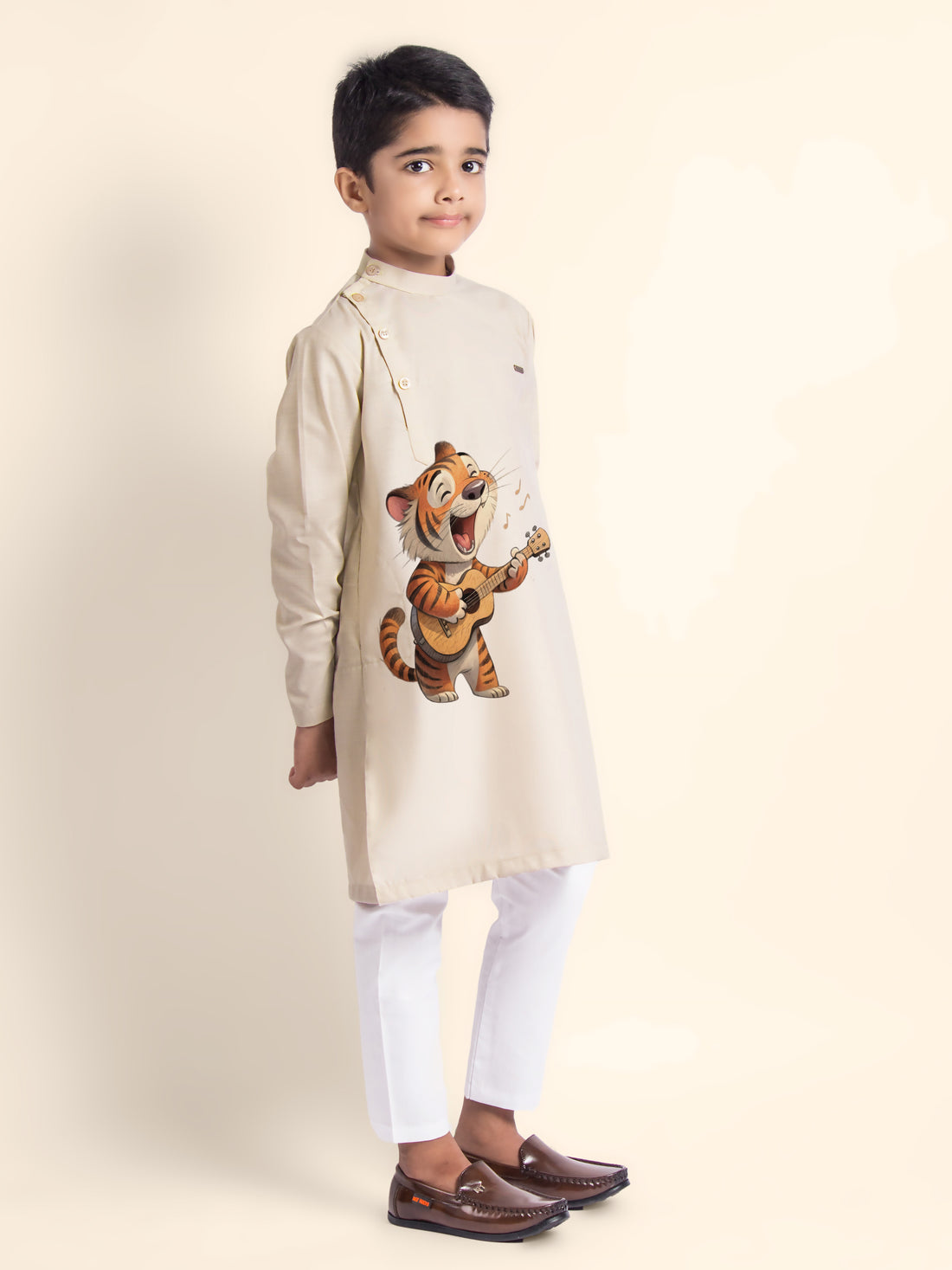 Boys Beige Printed Kurta With Pyjama