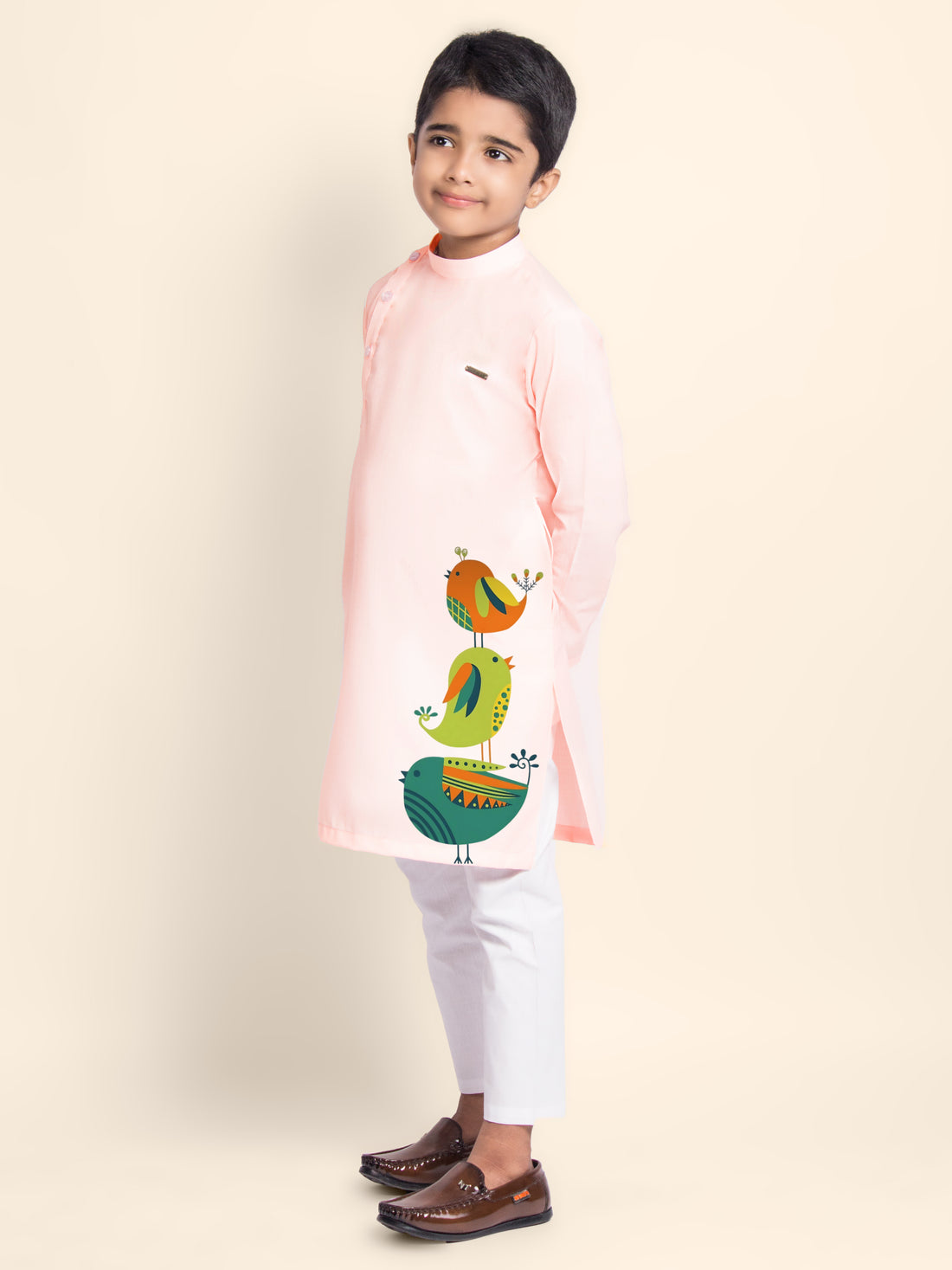Boys Pink Cotton Kurta Pyjama with Print