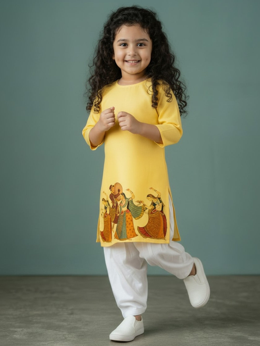[DGKS-MGSP-RN] Girls Yellow Ethnic Motifs Printed Cotton Kurti Set