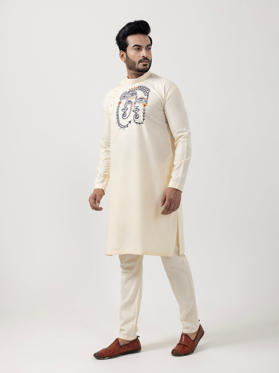 [MGSP-B] Men's Beige Ethnic Print Side Placket Cotton Kurta Set